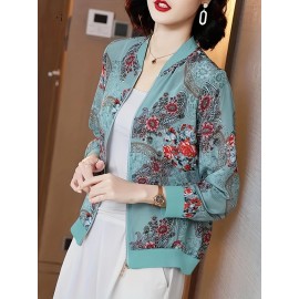 Floral Print Baseball Neck Lightweight Jacket, Casual Long Sleeve Zip Up Outerwear For Spring & Summer, Women's Clothing