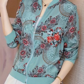 Floral Print Baseball Neck Lightweight Jacket, Casual Long Sleeve Zip Up Outerwear For Spring & Summer, Women's Clothing