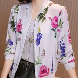 Floral Print Baseball Neck Lightweight Jacket, Casual Long Sleeve Zip Up Outerwear For Spring & Summer, Women's Clothing