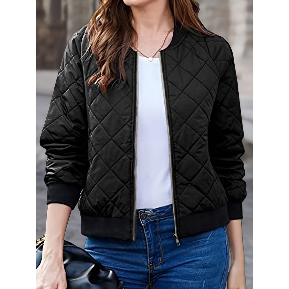 Solid Zip Up Bomber Jacket, Casual Long Sleeve Daily Outerwear, Women's Clothing