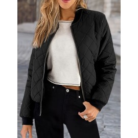 Solid Zip Up Bomber Jacket, Casual Long Sleeve Daily Outerwear, Women's Clothing