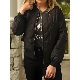 Solid Zip Up Bomber Jacket, Casual Long Sleeve Daily Outerwear, Women's Clothing