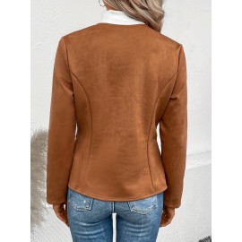 Solid Zip Up Jacket, Casual Long Sleeve Crew Neck Outerwear For Spring & Fall, Women's Clothing