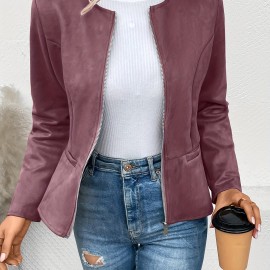 Solid Zip Up Jacket, Casual Long Sleeve Crew Neck Outerwear For Spring & Fall, Women's Clothing