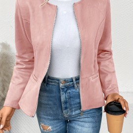 Solid Zip Up Jacket, Casual Long Sleeve Crew Neck Outerwear For Spring & Fall, Women's Clothing