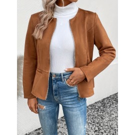 Solid Zip Up Jacket, Casual Long Sleeve Crew Neck Outerwear For Spring & Fall, Women's Clothing