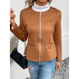 Solid Zip Up Jacket, Casual Long Sleeve Crew Neck Outerwear For Spring & Fall, Women's Clothing