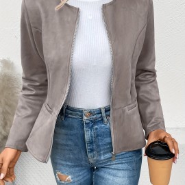 Solid Zip Up Jacket, Casual Long Sleeve Crew Neck Outerwear For Spring & Fall, Women's Clothing