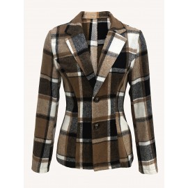 Plaid Button Down Long Sleeve Lapel Coat, Fashion Winter Blazer, Women's Clothing