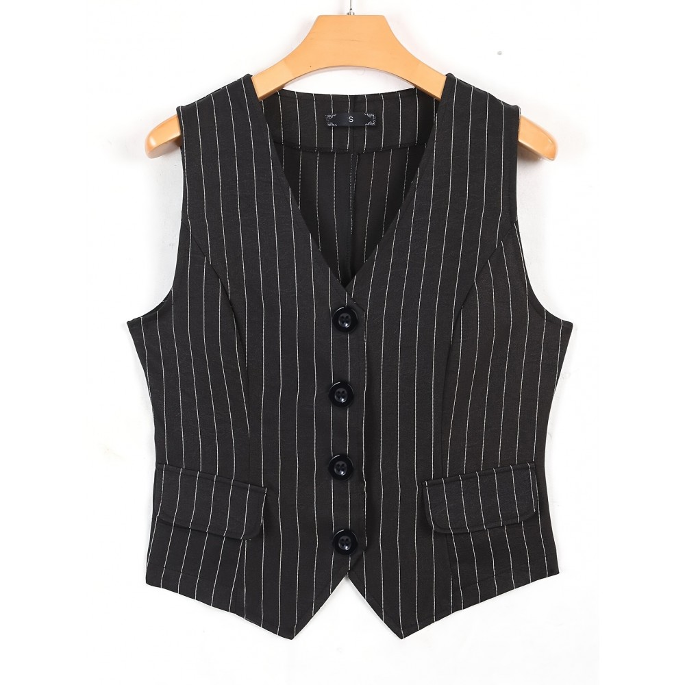 Striped Print Single Breasted Vest, Versatile V-neck Sleeveless Top For Spring & Fall, Women's Clothing