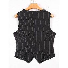 Striped Print Single Breasted Vest, Versatile V-neck Sleeveless Top For Spring & Fall, Women's Clothing