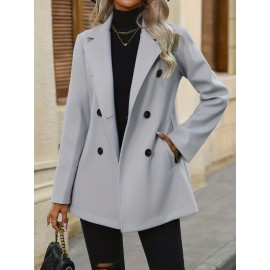 Double Breasted Lapel Bean Coat, Elegant Long Sleeve Outerwear With Pockets, Women's Clothing