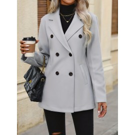 Double Breasted Lapel Bean Coat, Elegant Long Sleeve Outerwear With Pockets, Women's Clothing