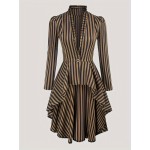 Striped Print Single Breasted Jacket, Vintage Asymmetrical Hem V-neck Long Sleeve Outwear For Spring & Fall, Women's Clothing