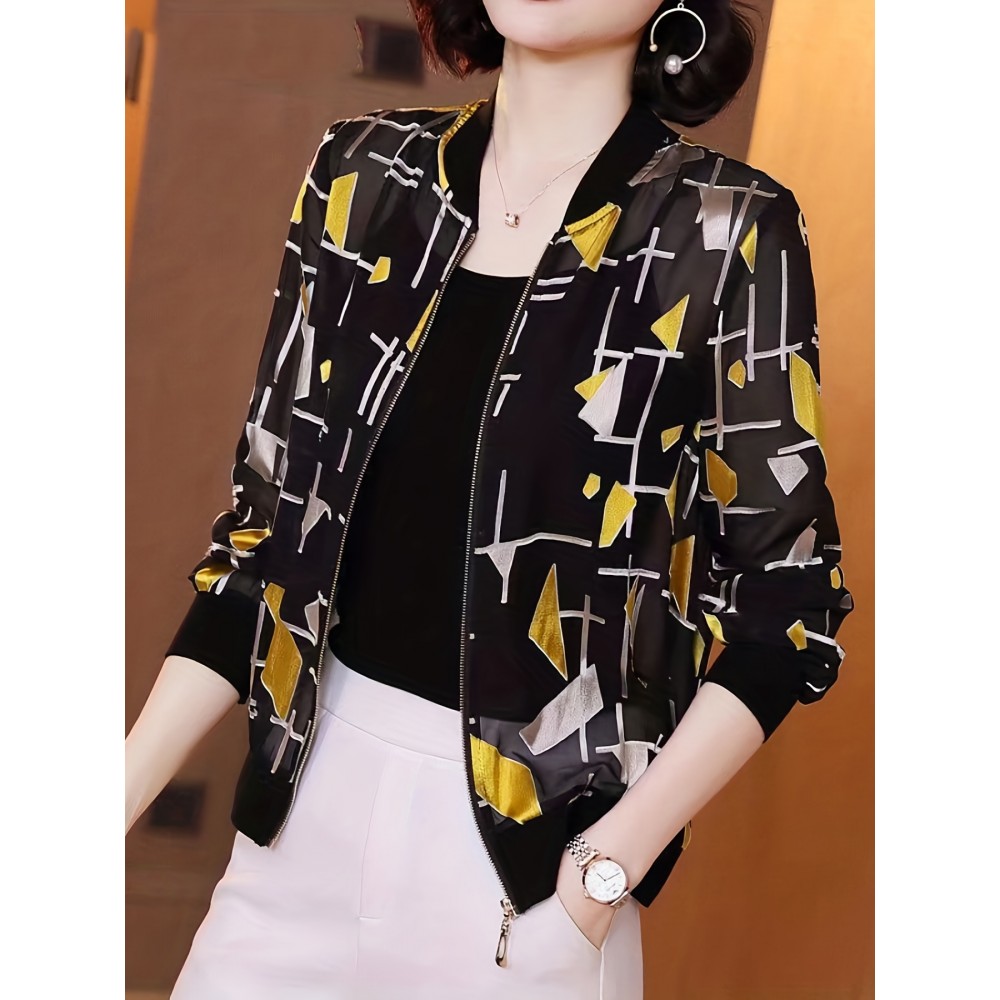 Geo Print Bomber Jacket, Casual Zip Up Long Sleeve Outerwear, Women's Clothing