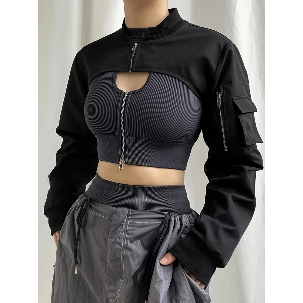 Solid Flap Pockets Crop Jacket, Versatile Long Sleeve Zipper Cropped Bomber Jacket, Women's Clothing