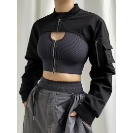 Solid Flap Pockets Crop Jacket, Versatile Long Sleeve Zipper Cropped Bomber Jacket, Women's Clothing