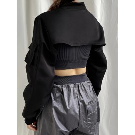 Solid Flap Pockets Crop Jacket, Versatile Long Sleeve Zipper Cropped Bomber Jacket, Women's Clothing