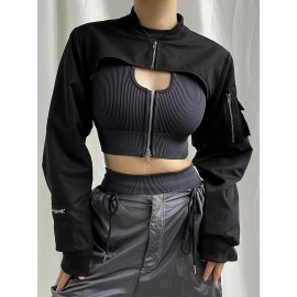 Solid Flap Pockets Crop Jacket, Versatile Long Sleeve Zipper Cropped Bomber Jacket, Women's Clothing