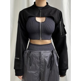 Solid Flap Pockets Crop Jacket, Versatile Long Sleeve Zipper Cropped Bomber Jacket, Women's Clothing