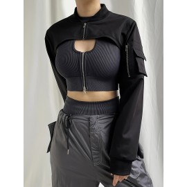 Solid Flap Pockets Crop Jacket, Versatile Long Sleeve Zipper Cropped Bomber Jacket, Women's Clothing