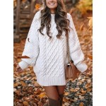 Cable Knit Sweater Dress, Casual Solid Long Sleeve Dress, Women's Clothing