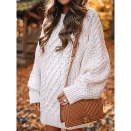 Cable Knit Sweater Dress, Casual Solid Long Sleeve Dress, Women's Clothing