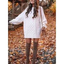 Cable Knit Sweater Dress, Casual Solid Long Sleeve Dress, Women's Clothing