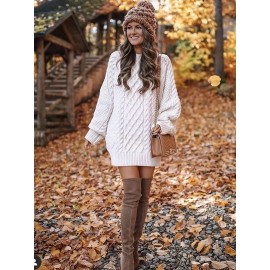 Cable Knit Sweater Dress, Casual Solid Long Sleeve Dress, Women's Clothing