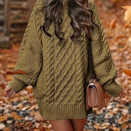 Cable Knit Sweater Dress, Casual Solid Long Sleeve Dress, Women's Clothing