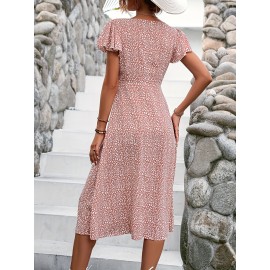 Floral Print Flutter Sleeve Dress, Elegant Square Neck Dress For Spring & Summer, Women's Clothing