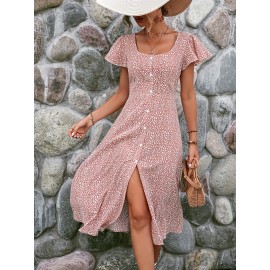 Floral Print Flutter Sleeve Dress, Elegant Square Neck Dress For Spring & Summer, Women's Clothing