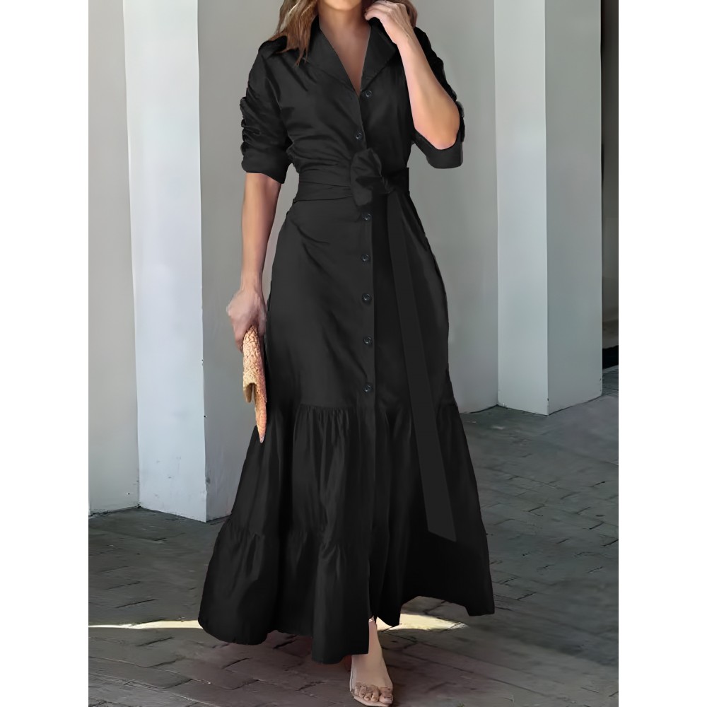 Solid Button Front Belted Dress, Elegant Ruched Sleeve Ruffle Trim Maxi Dress, Women's Clothing