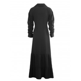 Solid Button Front Belted Dress, Elegant Ruched Sleeve Ruffle Trim Maxi Dress, Women's Clothing