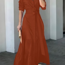 Solid Button Front Belted Dress, Elegant Ruched Sleeve Ruffle Trim Maxi Dress, Women's Clothing