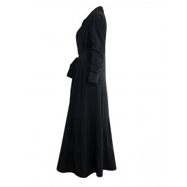 Solid Button Front Belted Dress, Elegant Ruched Sleeve Ruffle Trim Maxi Dress, Women's Clothing