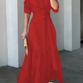 Solid Button Front Belted Dress, Elegant Ruched Sleeve Ruffle Trim Maxi Dress, Women's Clothing