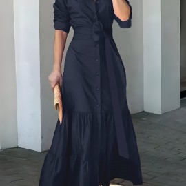 Solid Button Front Belted Dress, Elegant Ruched Sleeve Ruffle Trim Maxi Dress, Women's Clothing