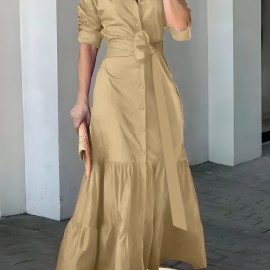 Solid Button Front Belted Dress, Elegant Ruched Sleeve Ruffle Trim Maxi Dress, Women's Clothing