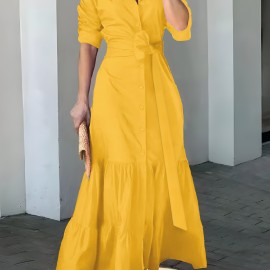 Solid Button Front Belted Dress, Elegant Ruched Sleeve Ruffle Trim Maxi Dress, Women's Clothing