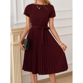 Solid Pleated Dress, Elegant Boat Neck Short Sleeve Party Dress, Women's Clothing