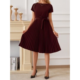 Solid Pleated Dress, Elegant Boat Neck Short Sleeve Party Dress, Women's Clothing