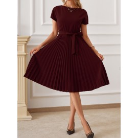 Solid Pleated Dress, Elegant Boat Neck Short Sleeve Party Dress, Women's Clothing