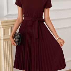 Solid Pleated Dress, Elegant Boat Neck Short Sleeve Party Dress, Women's Clothing