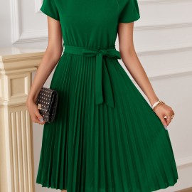 Solid Pleated Dress, Elegant Boat Neck Short Sleeve Party Dress, Women's Clothing