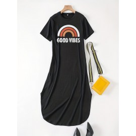 Good Vibes Letter Print Dress, Casual Crew Neck Short Sleeve Maxi Dress, Women's Clothing