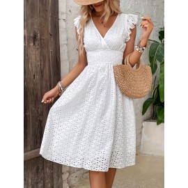 Shirred Waist Surplice Neck Dress, Elegant Ruffle Sleeve Dress For Spring & Summer, Women's Clothing