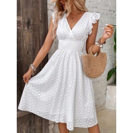 Shirred Waist Surplice Neck Dress, Elegant Ruffle Sleeve Dress For Spring & Summer, Women's Clothing