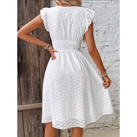 Shirred Waist Surplice Neck Dress, Elegant Ruffle Sleeve Dress For Spring & Summer, Women's Clothing