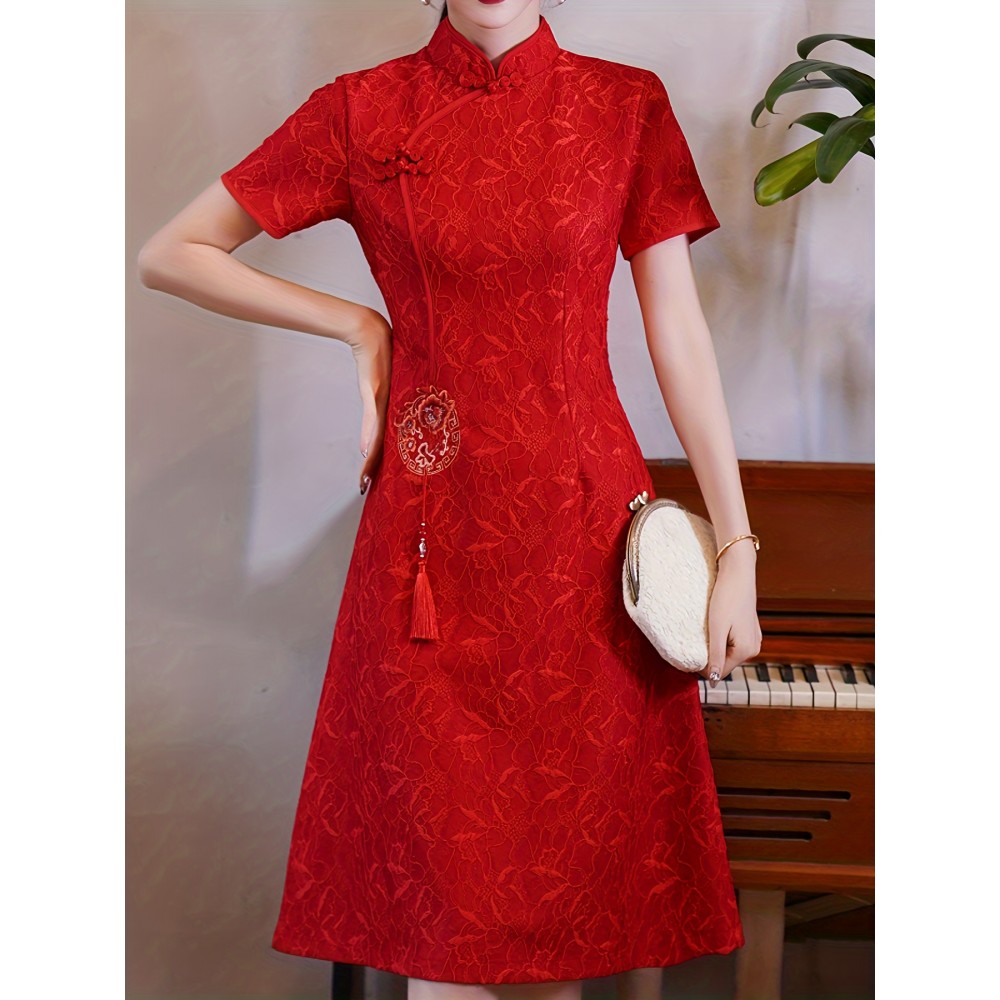 Chinese Vintage A-line Cheongsam, Short Sleeve Frog Button Mandarin Collar Dress, Women's Clothing